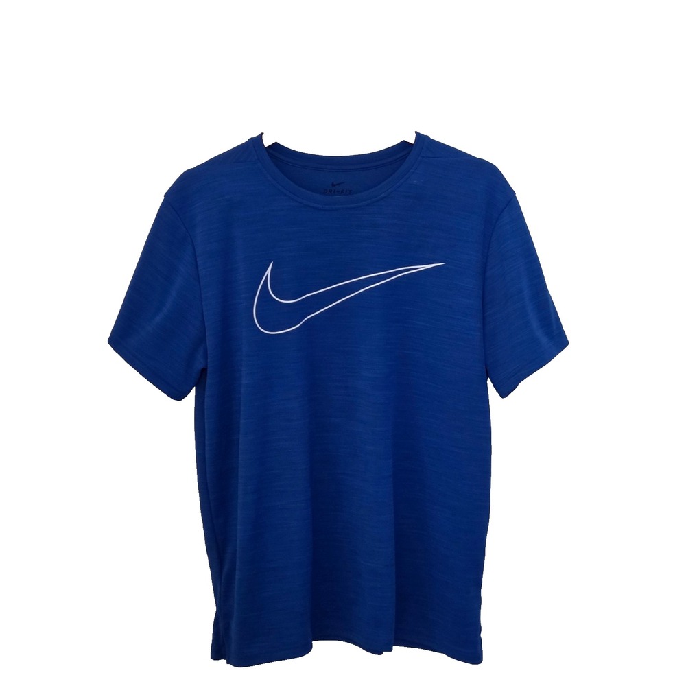 The Nike Tee Dri Fit T-Shirt Men's Size L arge Blue Short Sleeve Logo Swoosh